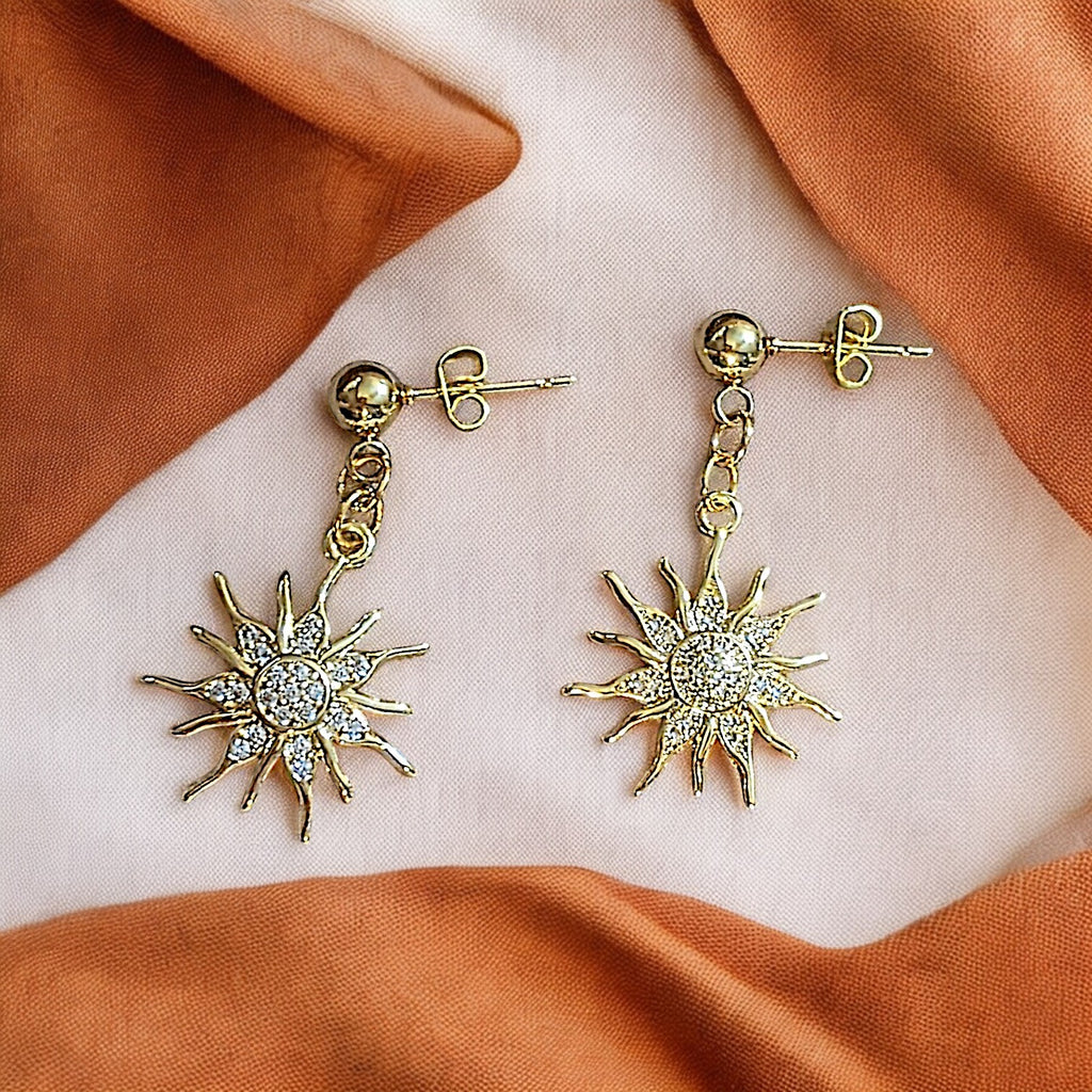 Fiery Sun Charm Drop Stud Earrings-Gold