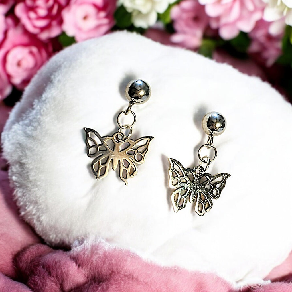 Butterfly Charm Drop Stud Earrings-Silver