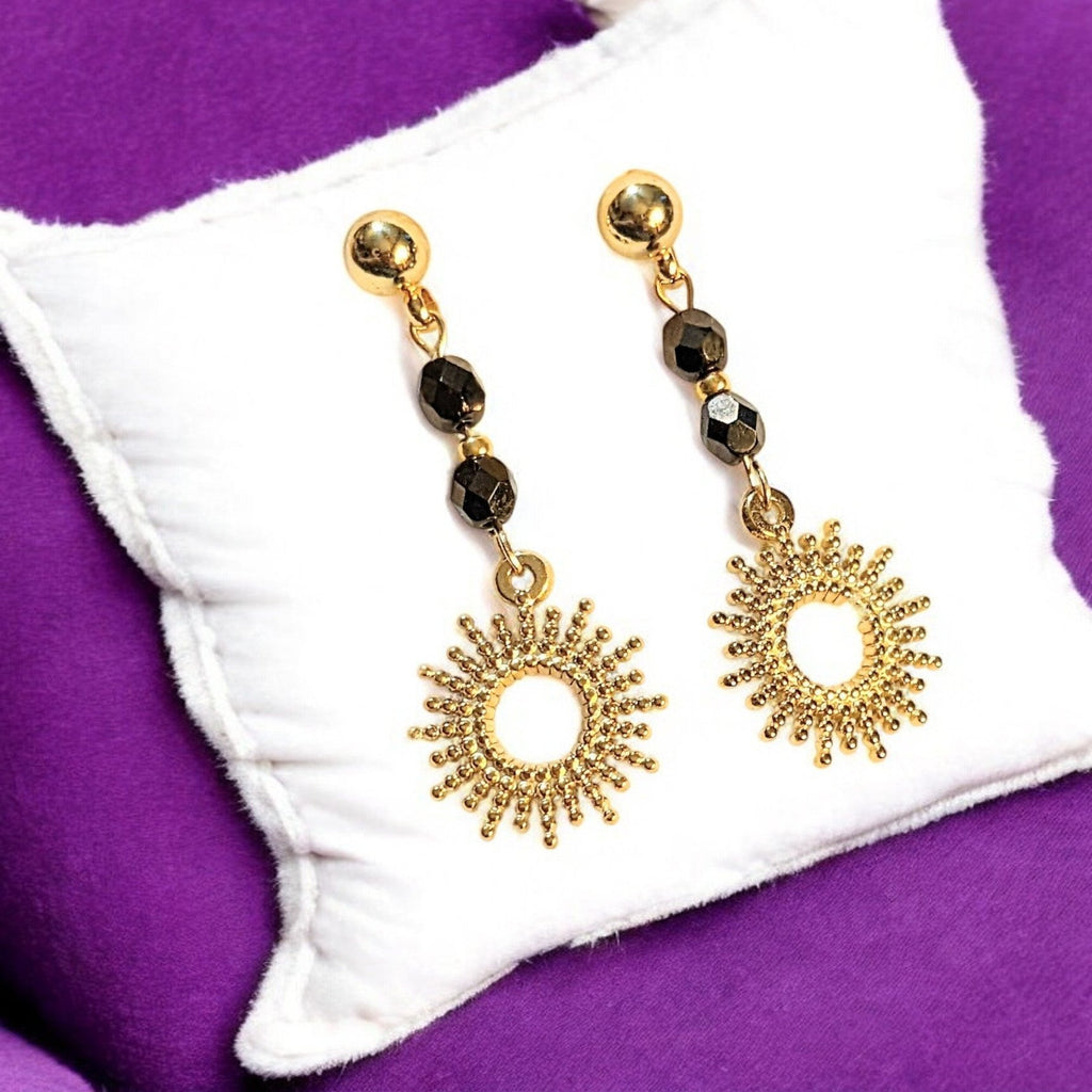 Sunburst Charm Drop Stud Earrings-Gold