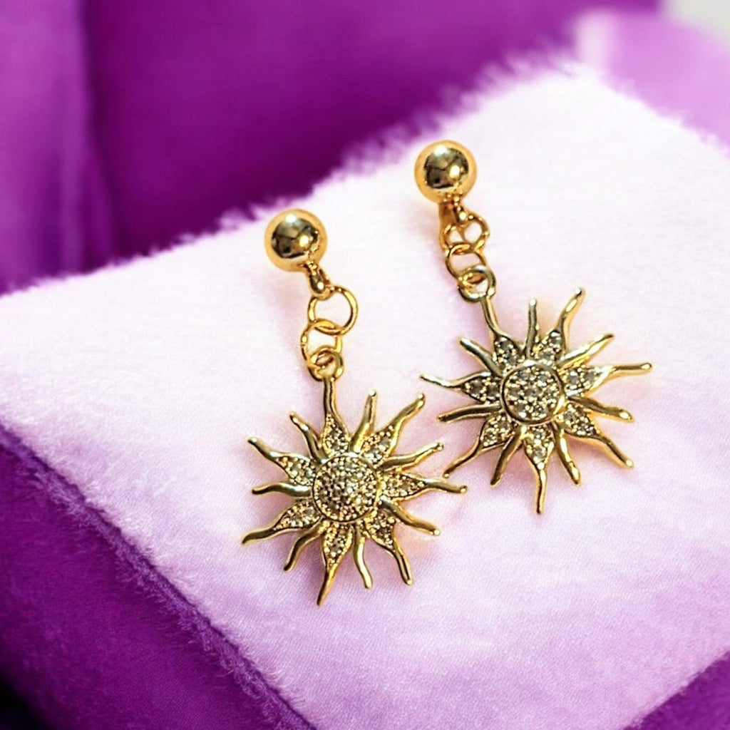 Fiery Sun Charm Drop Stud Earrings-Gold