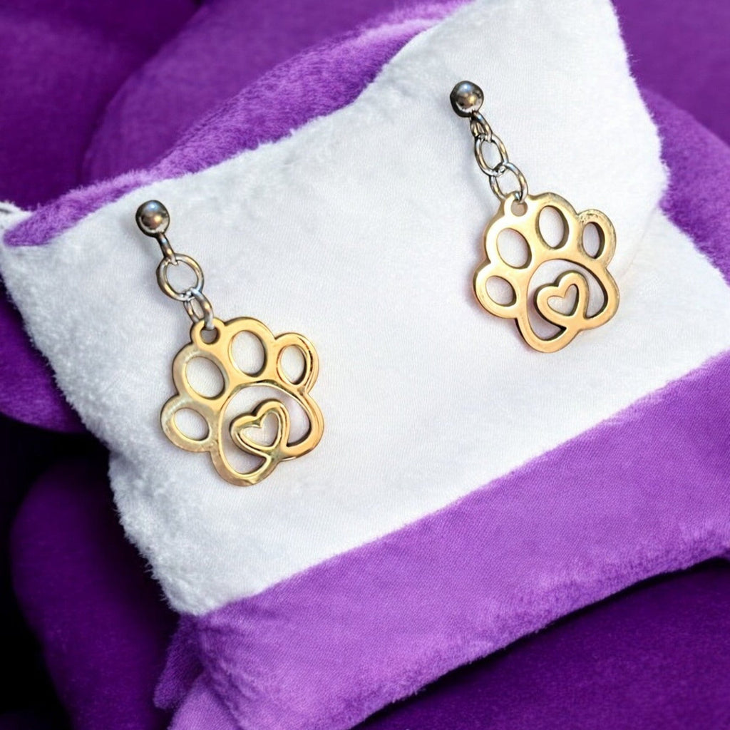 Dog Paw Charm Drop Stud Earrings-Silver