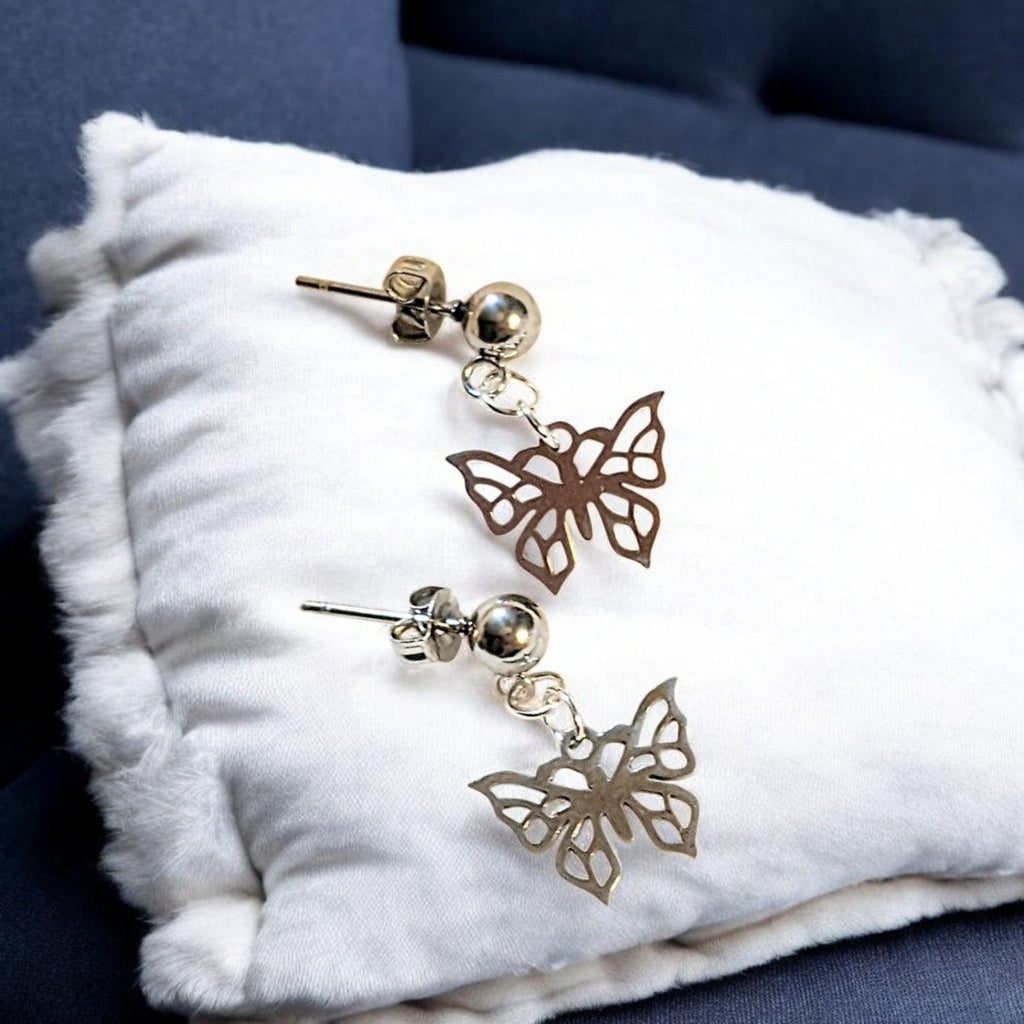 Butterfly Charm Drop Stud Earrings-Silver