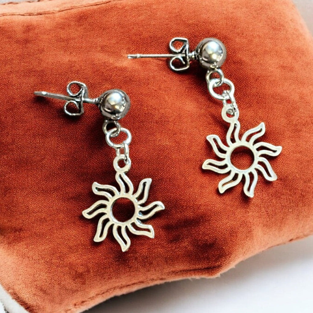 Fiery Sun Charm Drop Stud Earrings-Silver