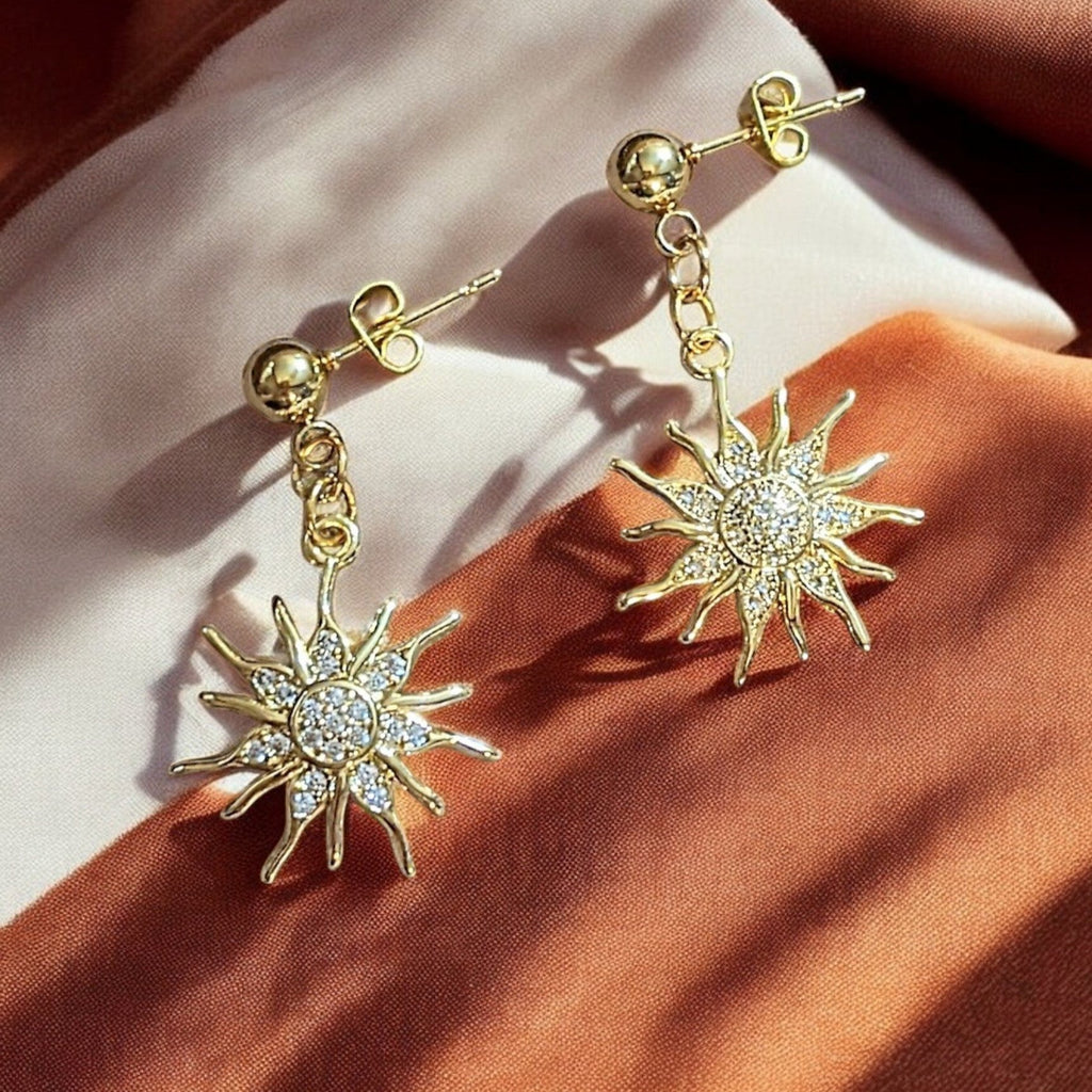 Fiery Sun Charm Drop Stud Earrings-Gold