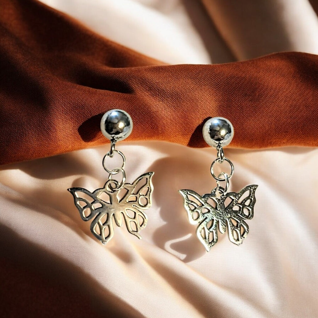 Butterfly Charm Drop Stud Earrings-Silver