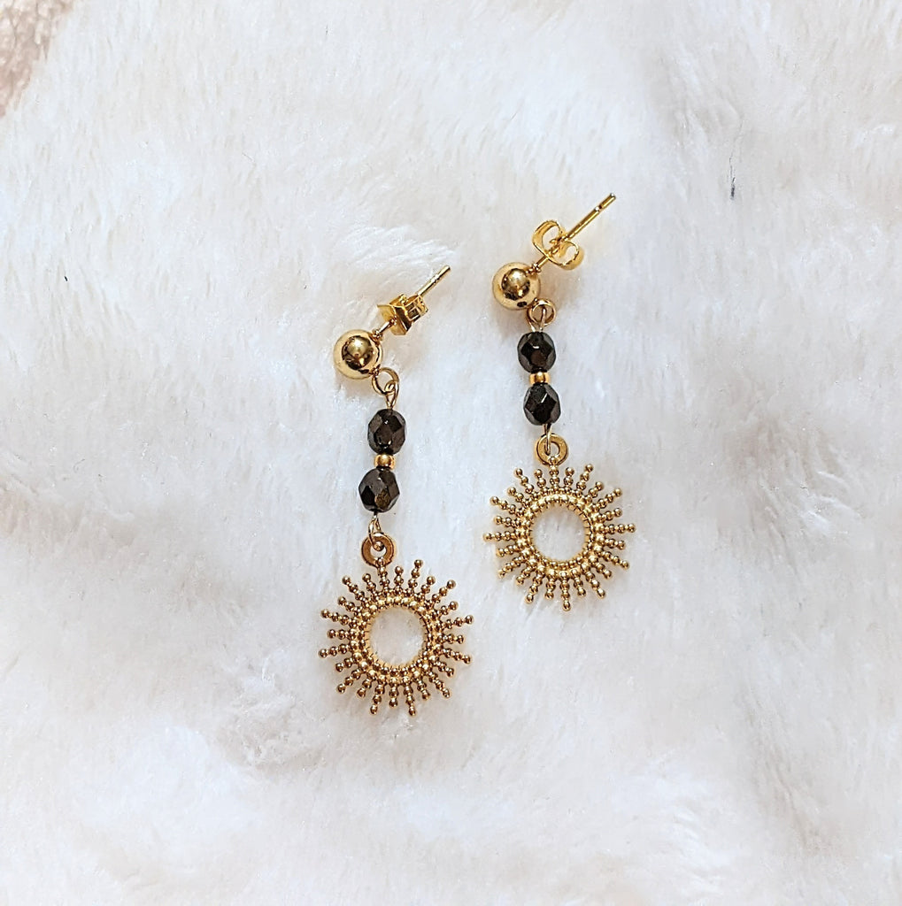 Sunburst Charm Drop Stud Earrings-Gold