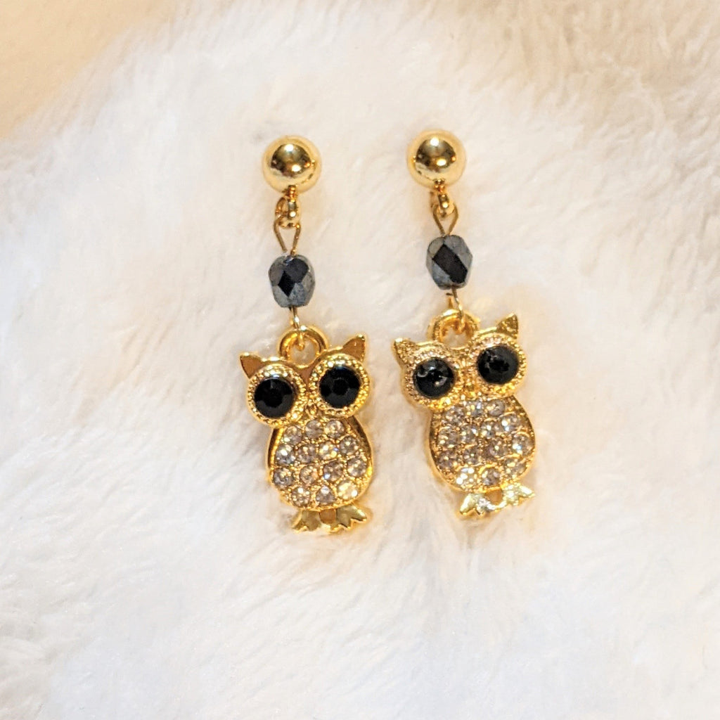 CZ Owl Charm Drop Stud Earrings-Gold