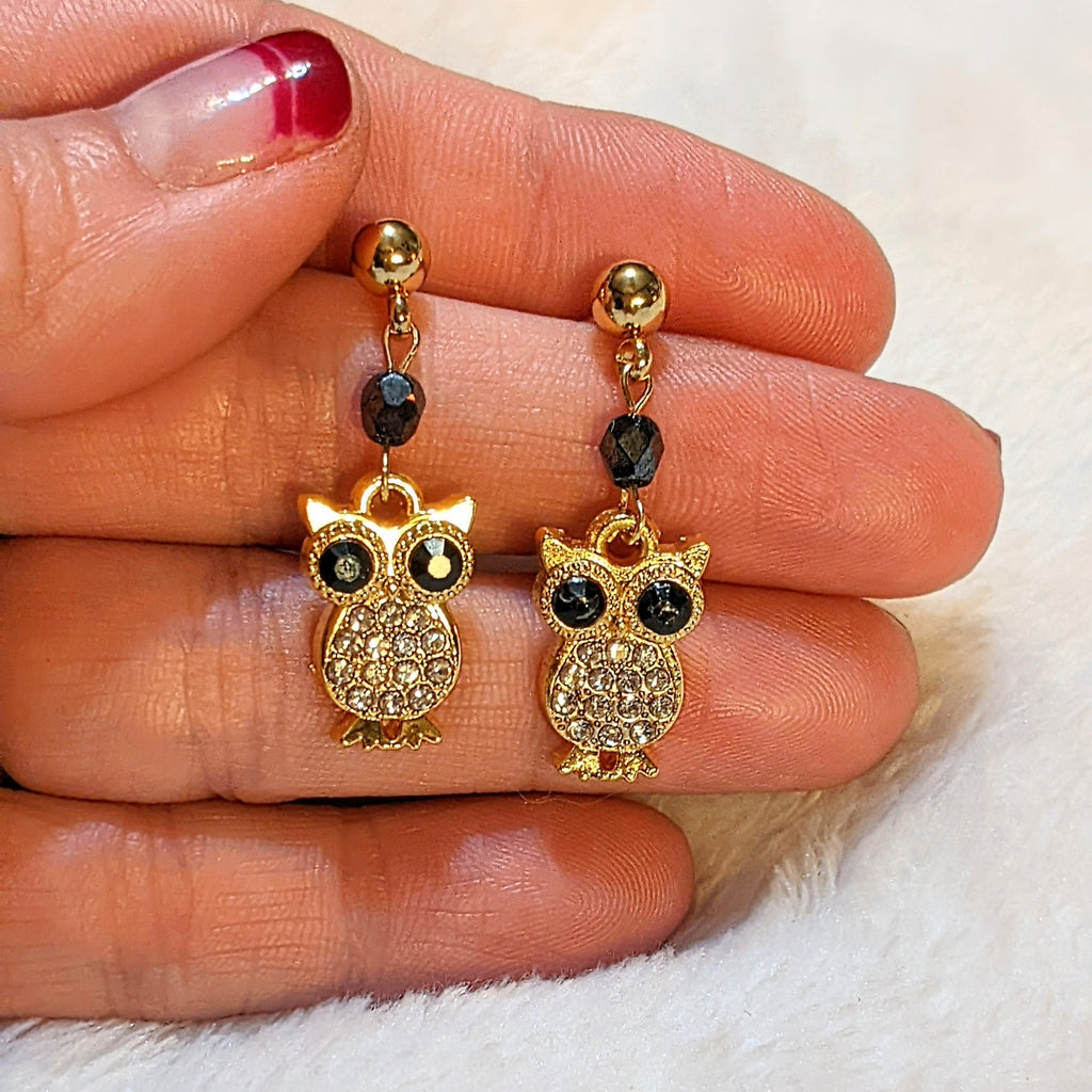 CZ Owl Charm Drop Stud Earrings-Gold