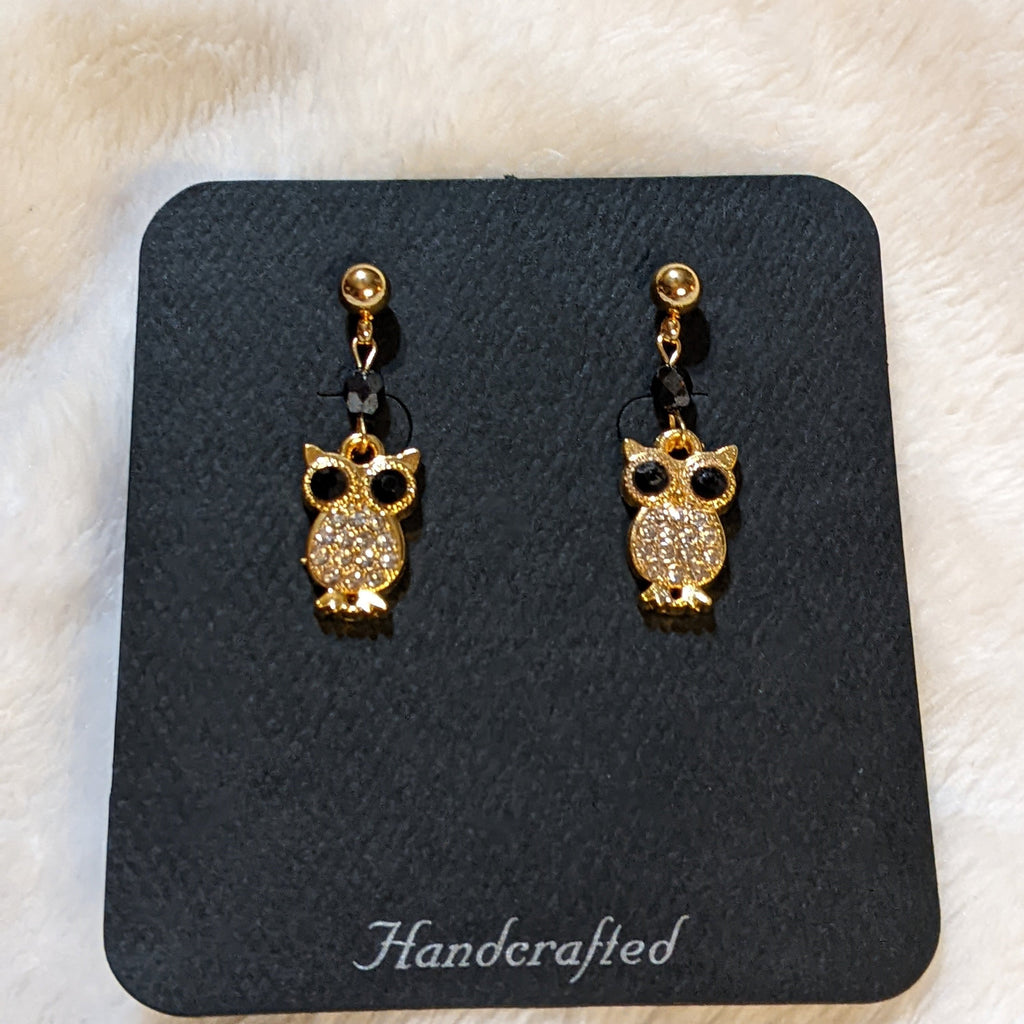 CZ Owl Charm Drop Stud Earrings-Gold