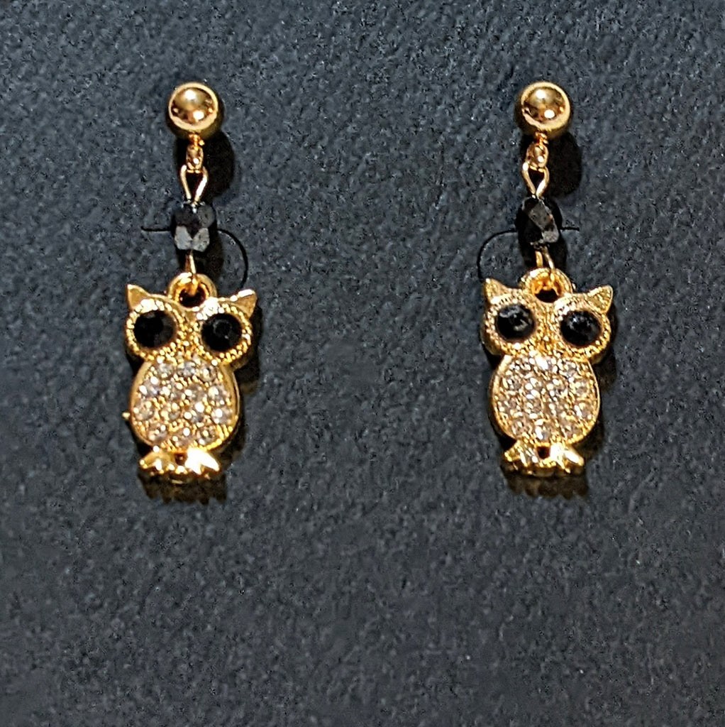 CZ Owl Charm Drop Stud Earrings-Gold