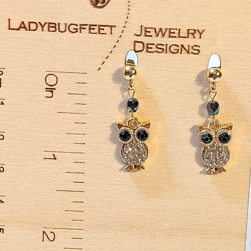 CZ Owl Charm Drop Stud Earrings-Gold