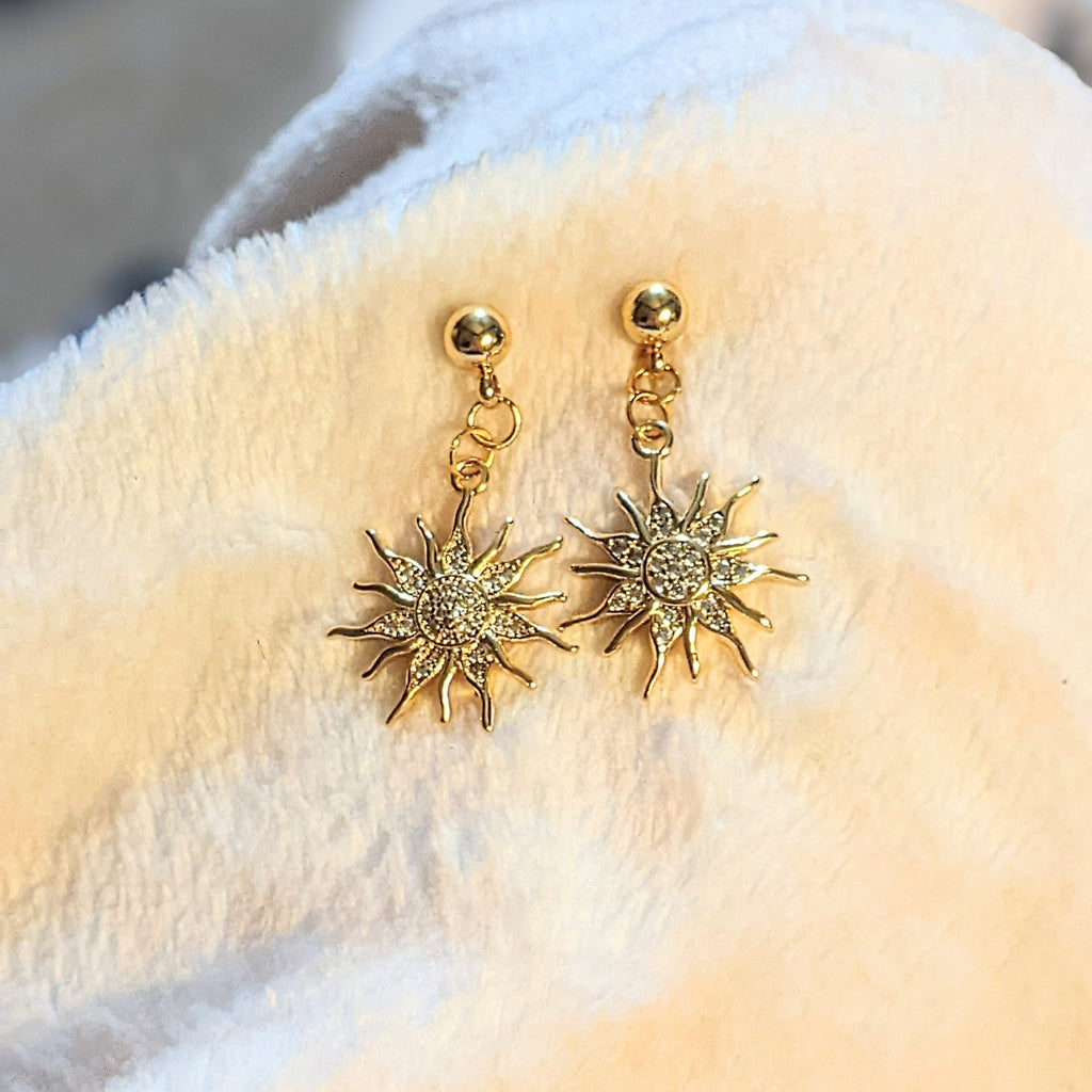 Fiery Sun Charm Drop Stud Earrings-Gold