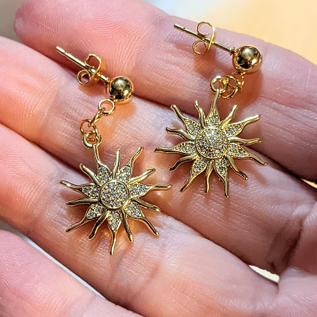 Fiery Sun Charm Drop Stud Earrings-Gold