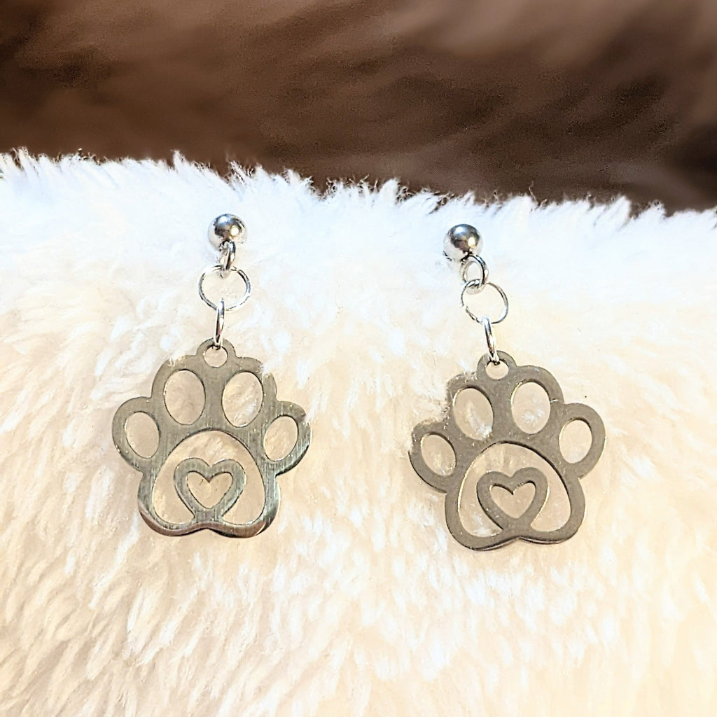 Dog Paw Charm Drop Stud Earrings-Silver