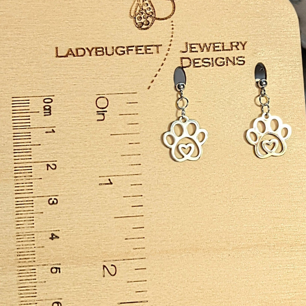 Dog Paw Charm Drop Stud Earrings-Silver