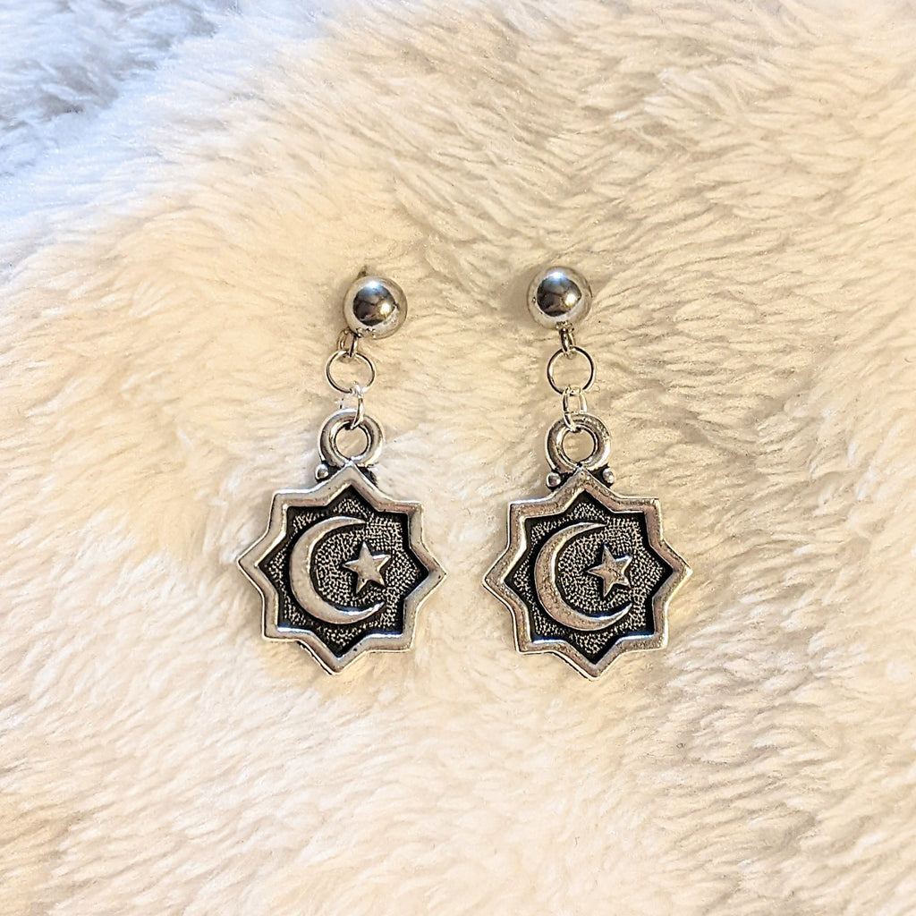 Crescent Moon/Star Charm Drop Stud Earrings-Silver