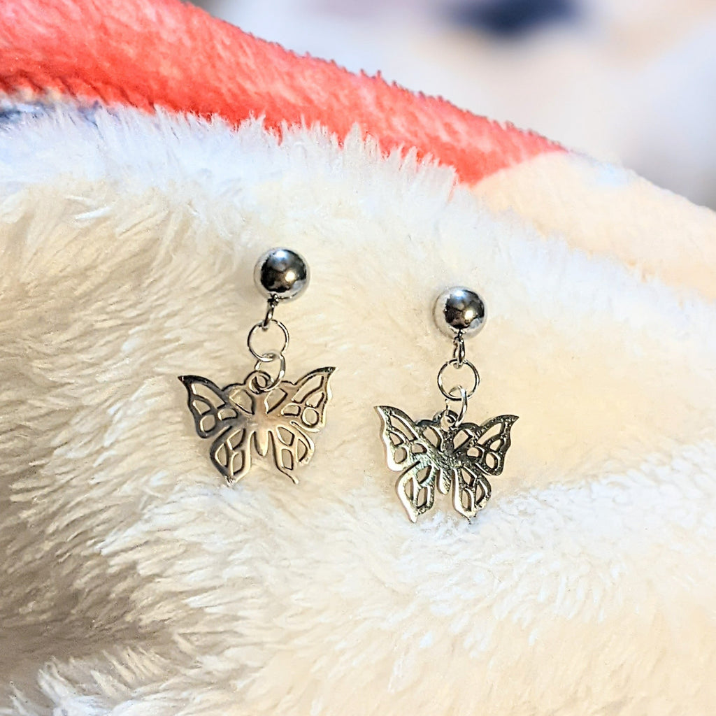 Butterfly Charm Drop Stud Earrings-Silver