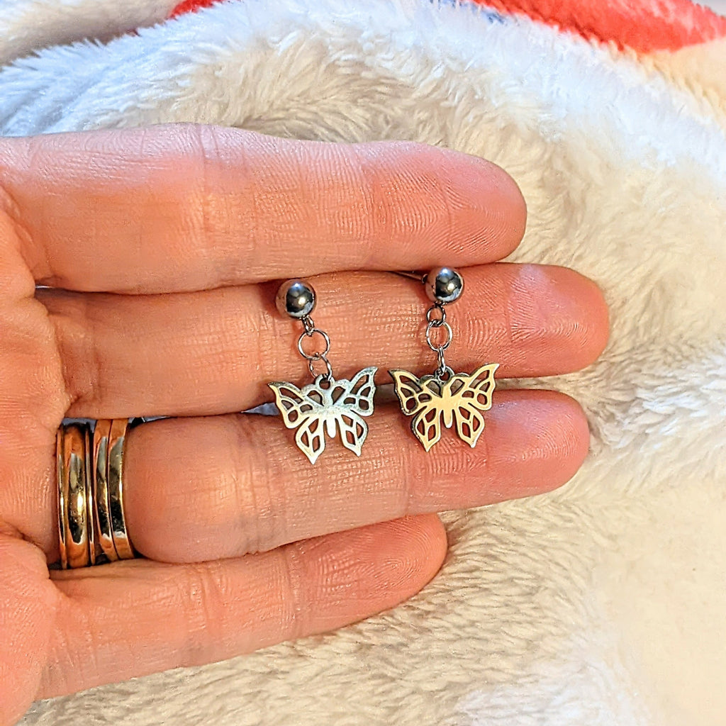 Butterfly Charm Drop Stud Earrings-Silver