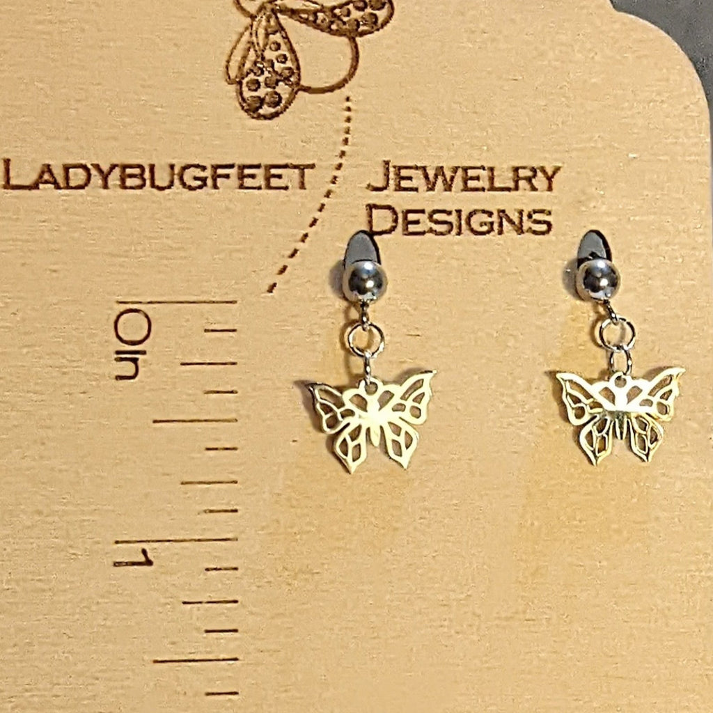 Butterfly Charm Drop Stud Earrings-Silver