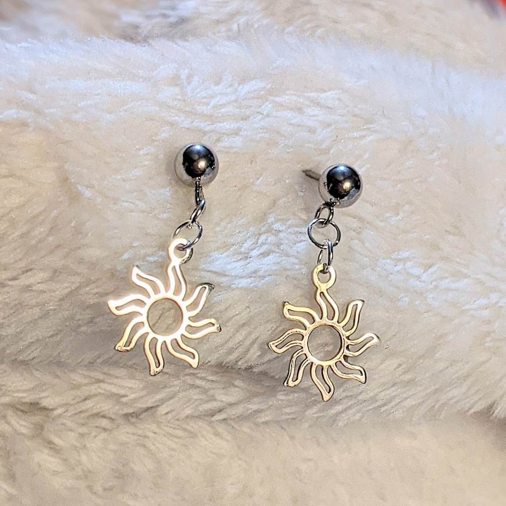 Fiery Sun Charm Drop Stud Earrings-Silver