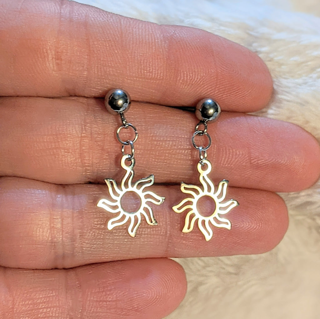 Fiery Sun Charm Drop Stud Earrings-Silver