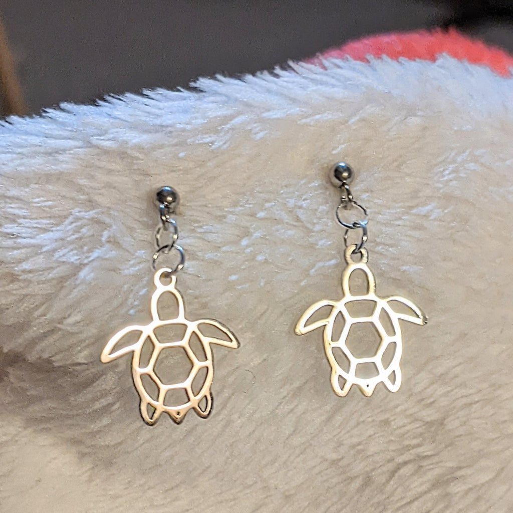 Sea Turtle Charm Drop Stud Earrings-Silver