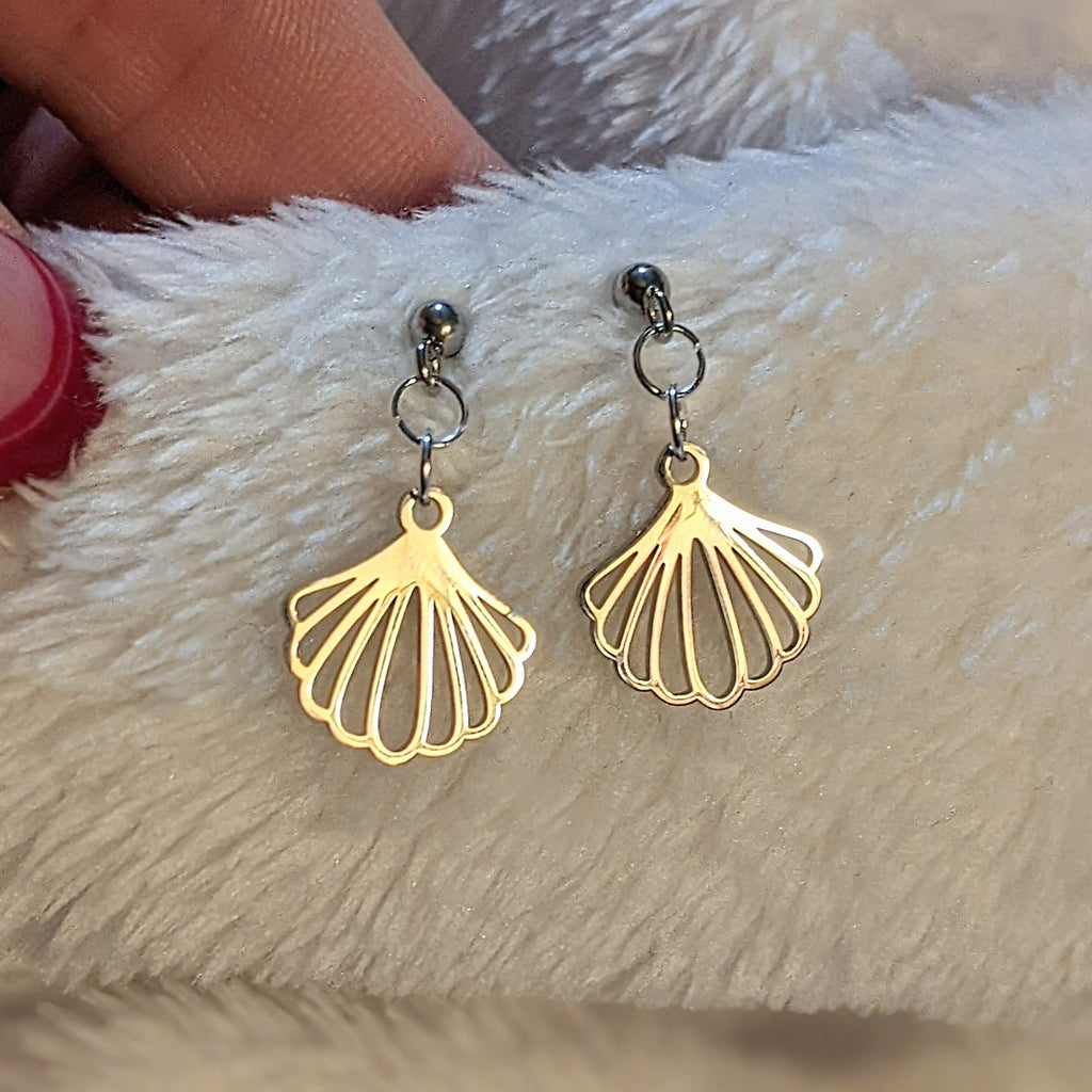 Sea Scallop Charm Drop Stud Earrings-Silver