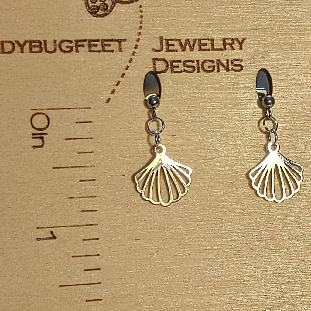 Sea Scallop Charm Drop Stud Earrings-Silver