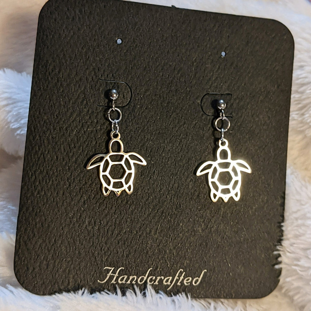 Sea Turtle Charm Drop Stud Earrings-Silver