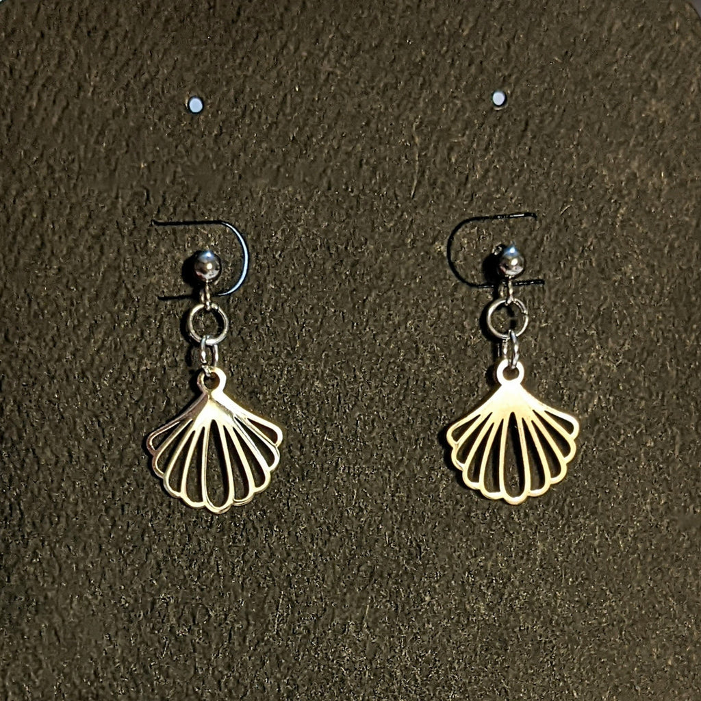 Sea Scallop Charm Drop Stud Earrings-Silver