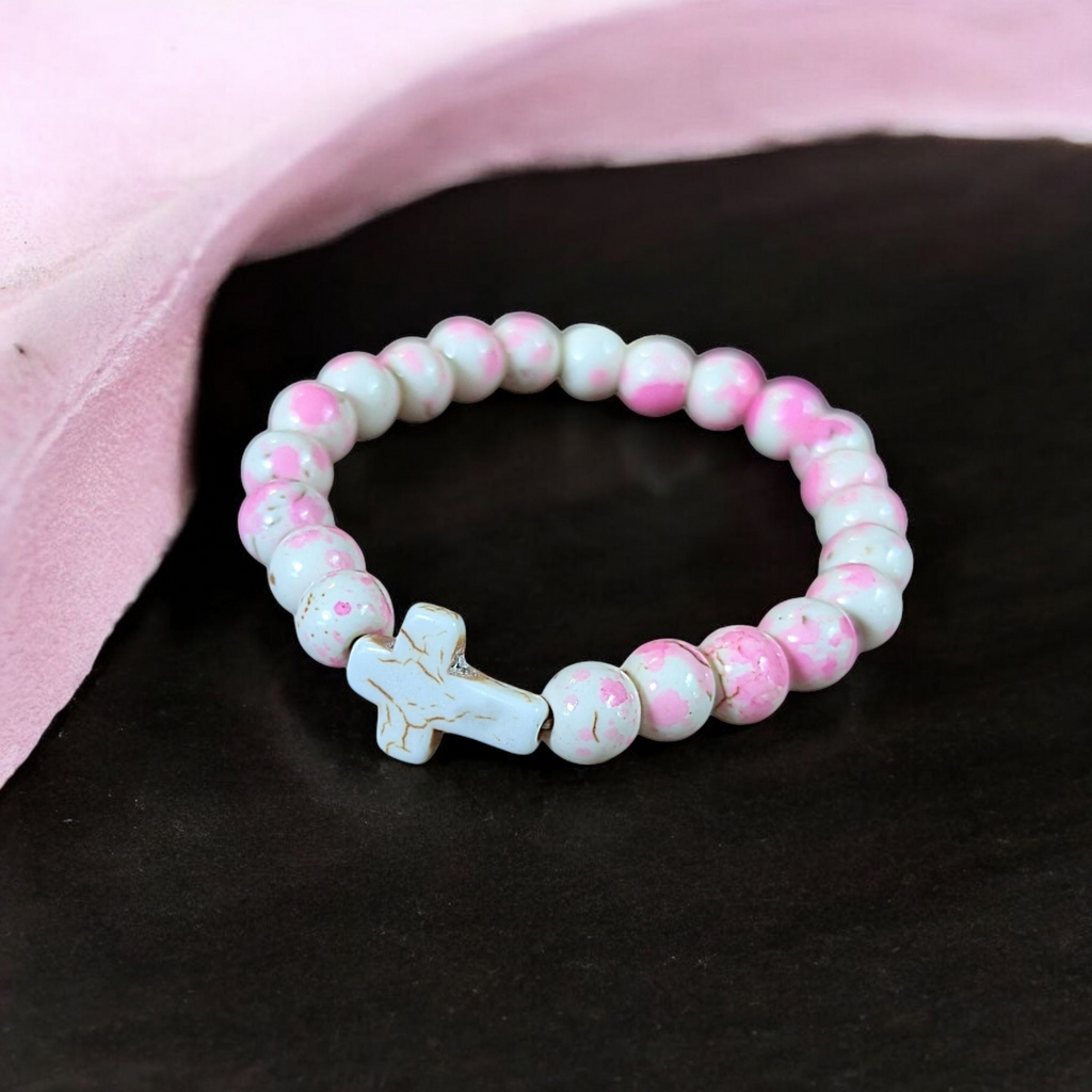 Pink Ivory Beaded Cross Stretch bracelet