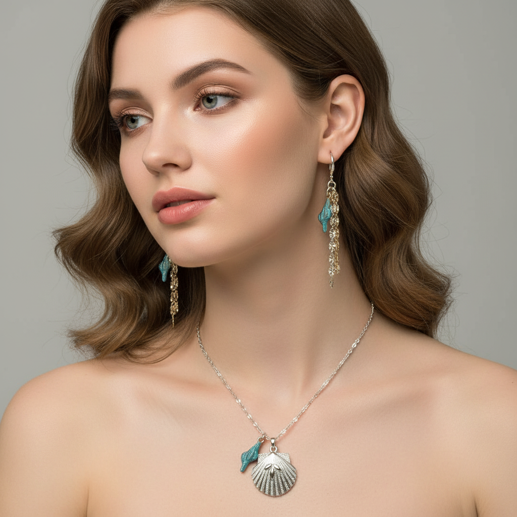 Scallop Beach Shell Necklace / Earring Set, Sterling Silver - 20 inch