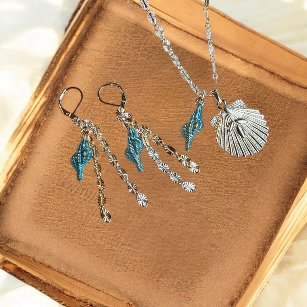 Scallop Beach Shell Necklace / Earring Set, Sterling Silver - 20 inch