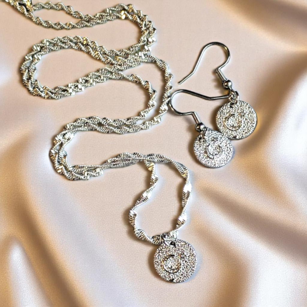 Crescent Moon Star Sterling Silver charm necklace and Earring set