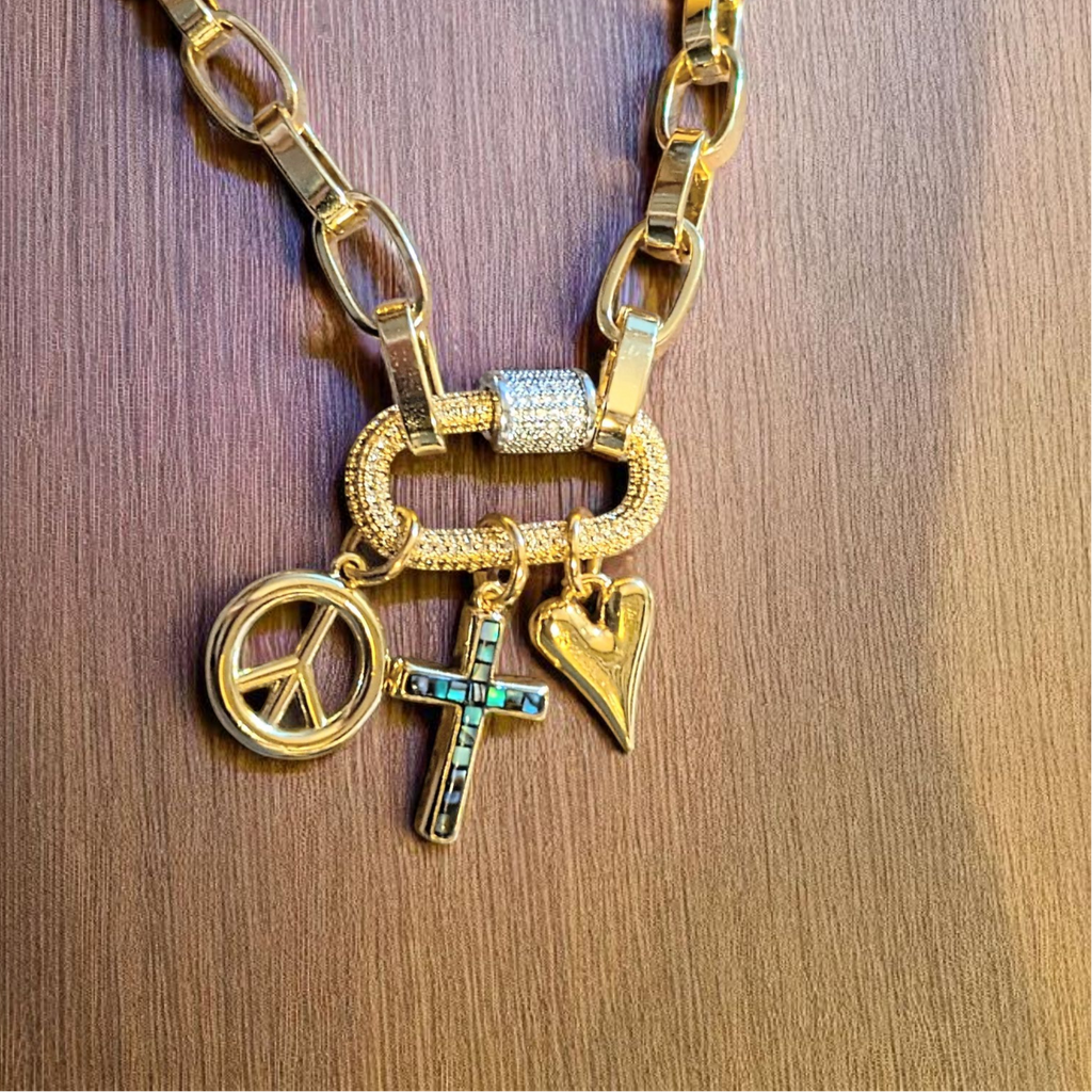 Peace & Love Carabiner Necklace, Gold - 20 inch