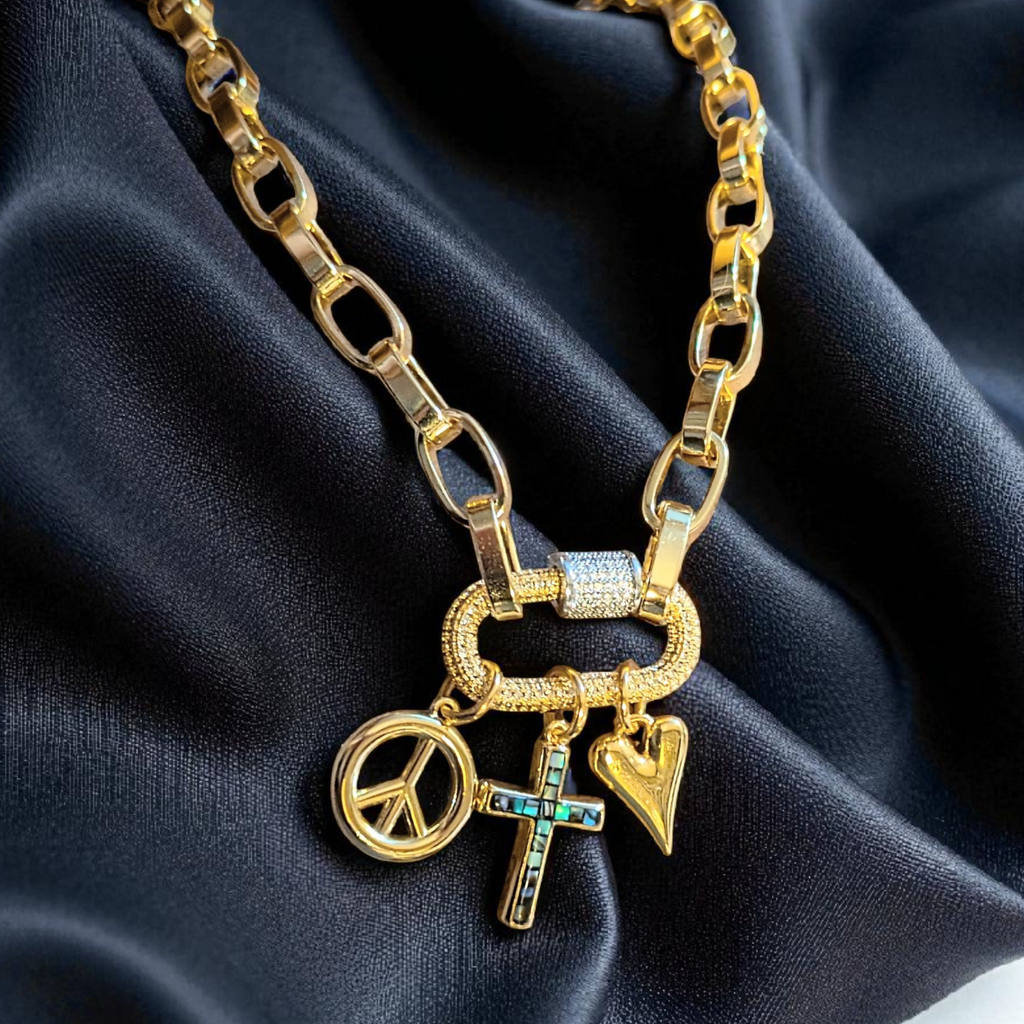 Peace & Love Carabiner Necklace, Gold - 20 inch