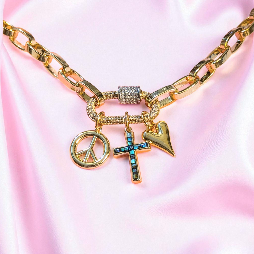Peace & Love Carabiner Necklace, Gold - 20 inch