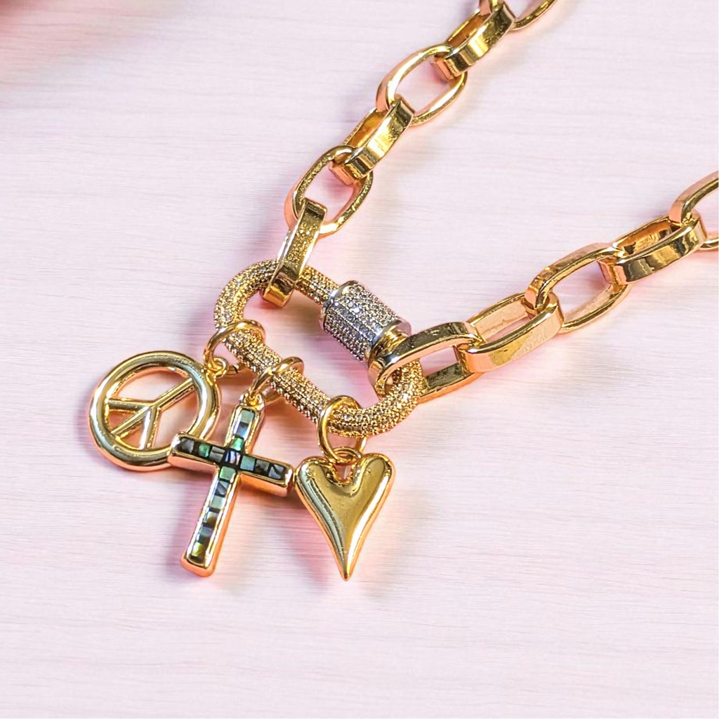 Peace & Love Carabiner Necklace, Gold - 20 inch