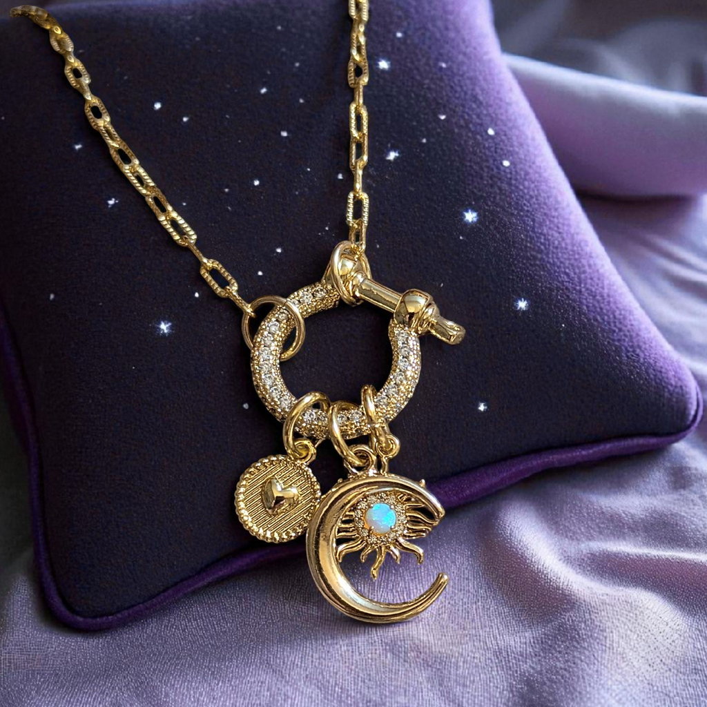 Opal Sun, Crescent Moon and Heart Carabiner Necklace, Gold - 20 inch