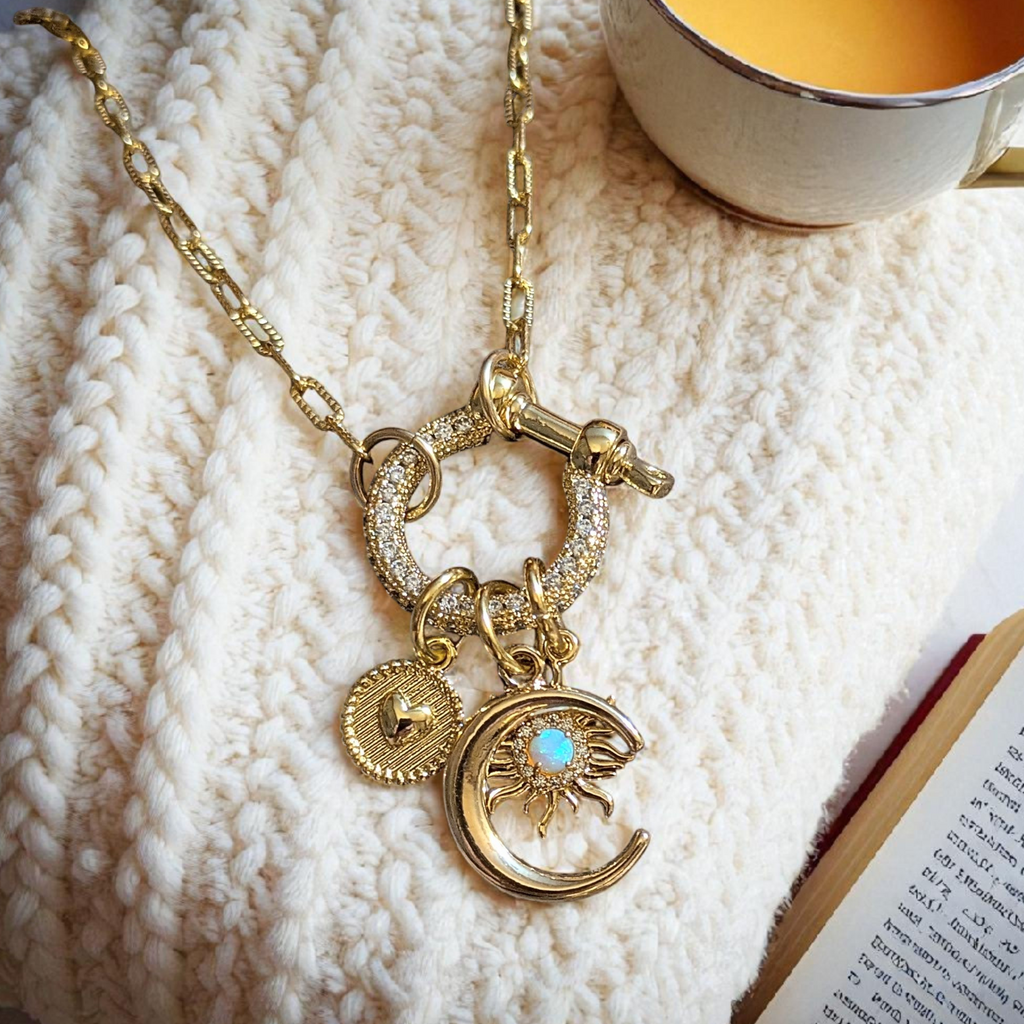 Opal Sun, Crescent Moon and Heart Carabiner Necklace, Gold - 20 inch