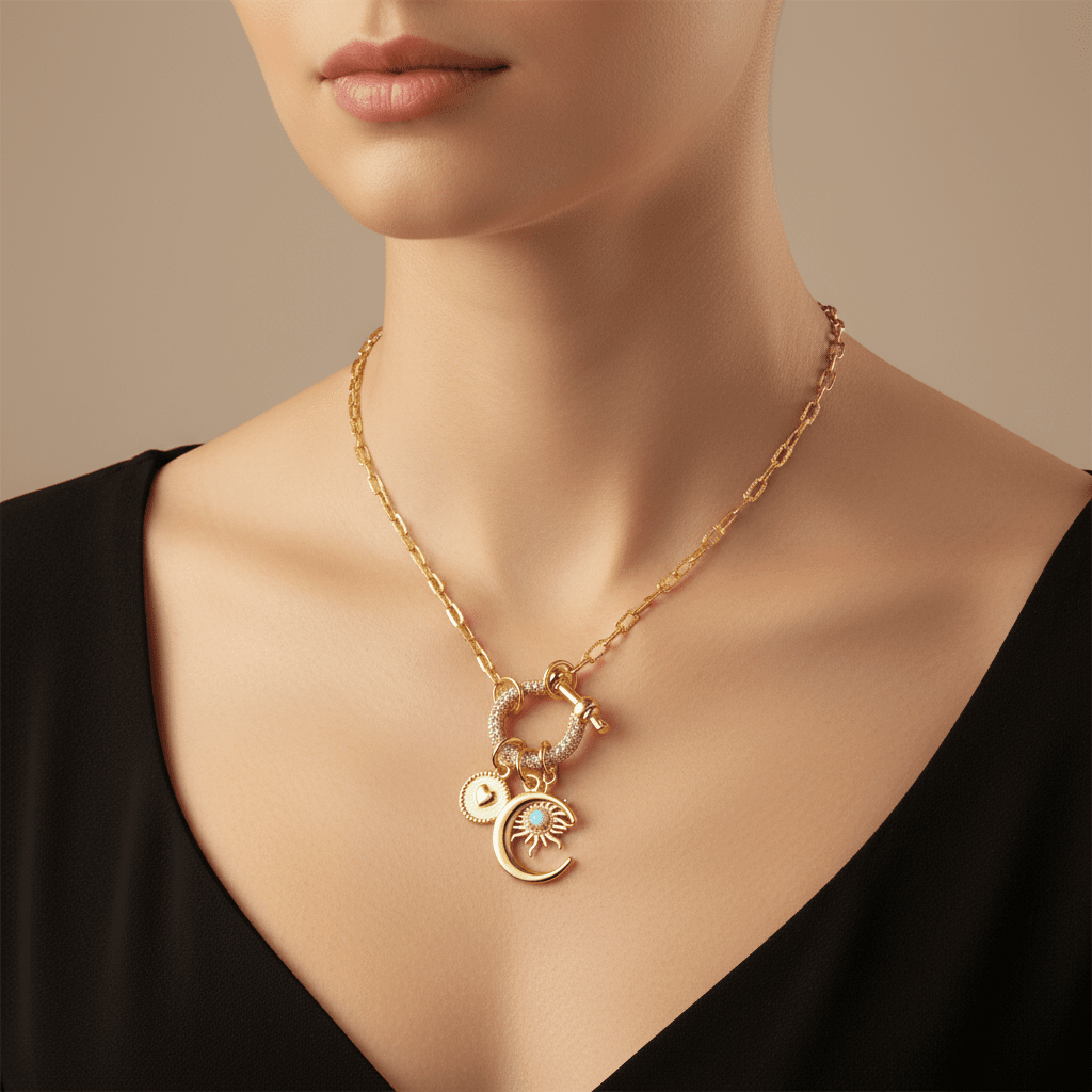 Opal Sun, Crescent Moon and Heart Carabiner Necklace, Gold - 20 inch