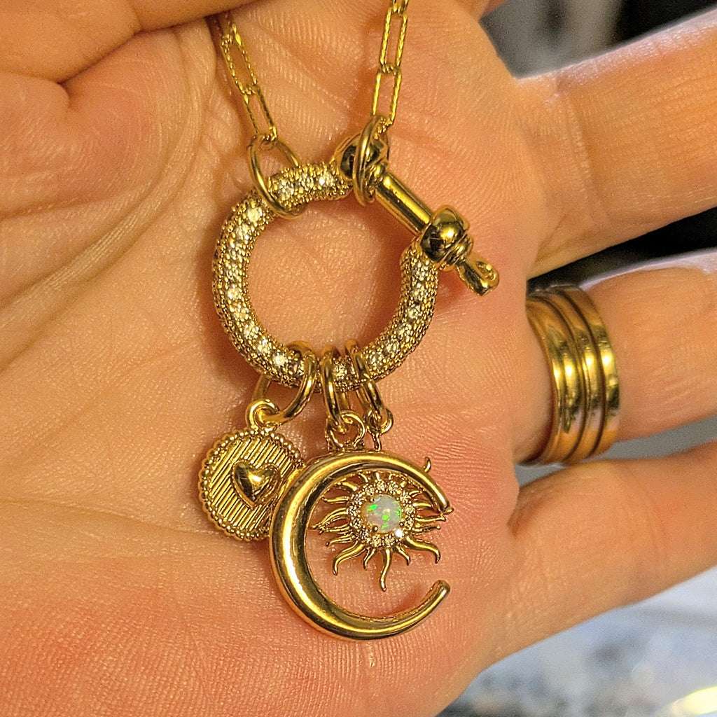 Opal Sun, Crescent Moon and Heart Carabiner Necklace, Gold - 20 inch