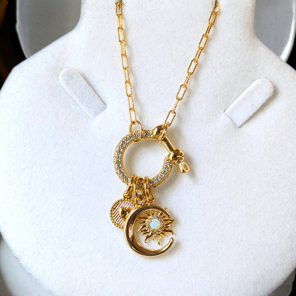 Opal Sun, Crescent Moon and Heart Carabiner Necklace, Gold - 20 inch