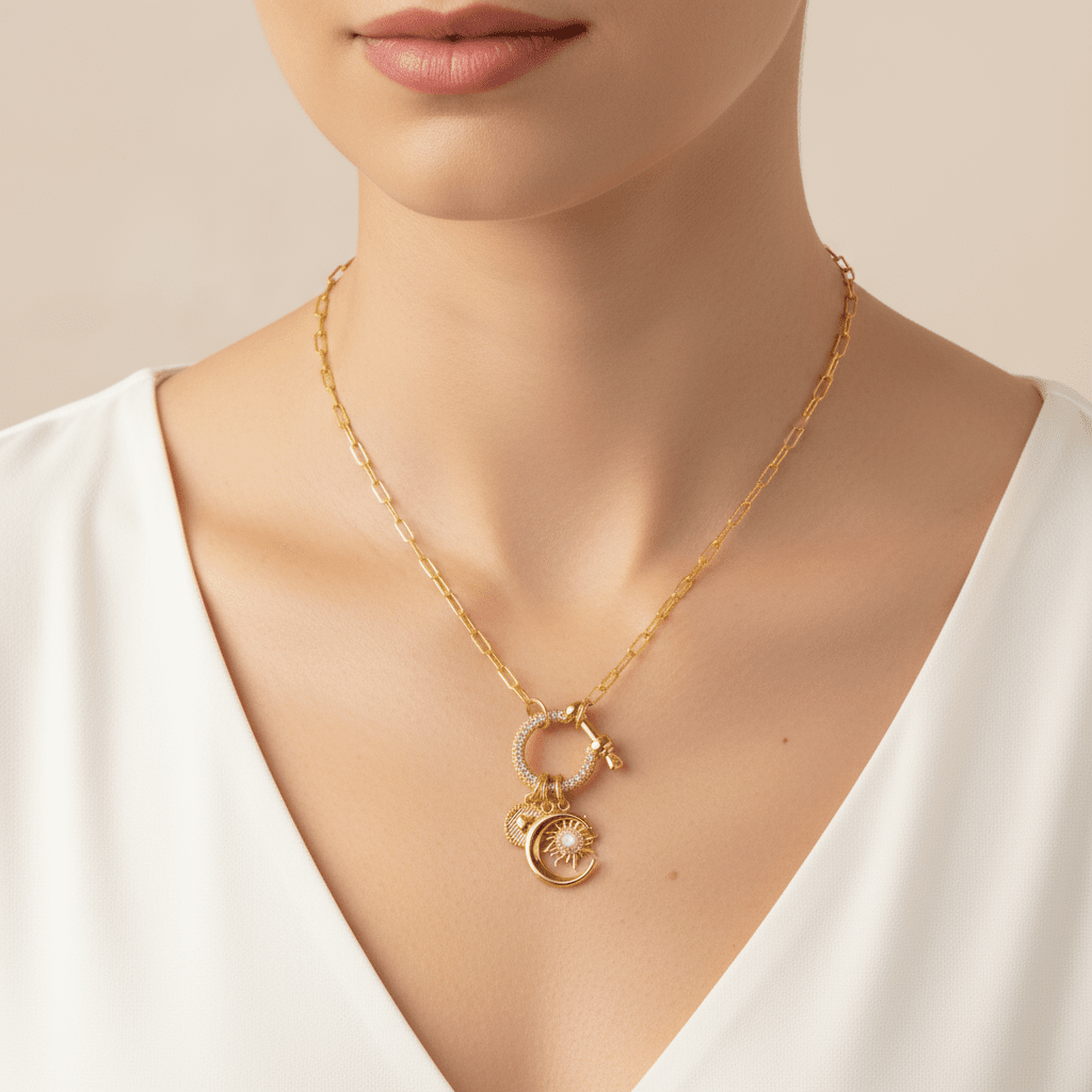 Opal Sun, Crescent Moon and Heart Carabiner Necklace, Gold - 20 inch