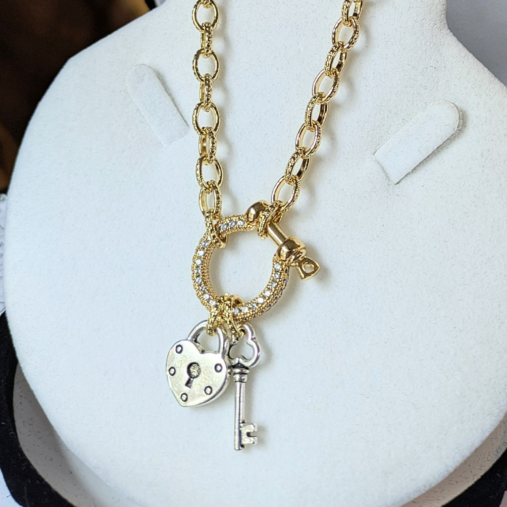 Heart Lock and Key Carabiner Necklace, Gold - 20 inch