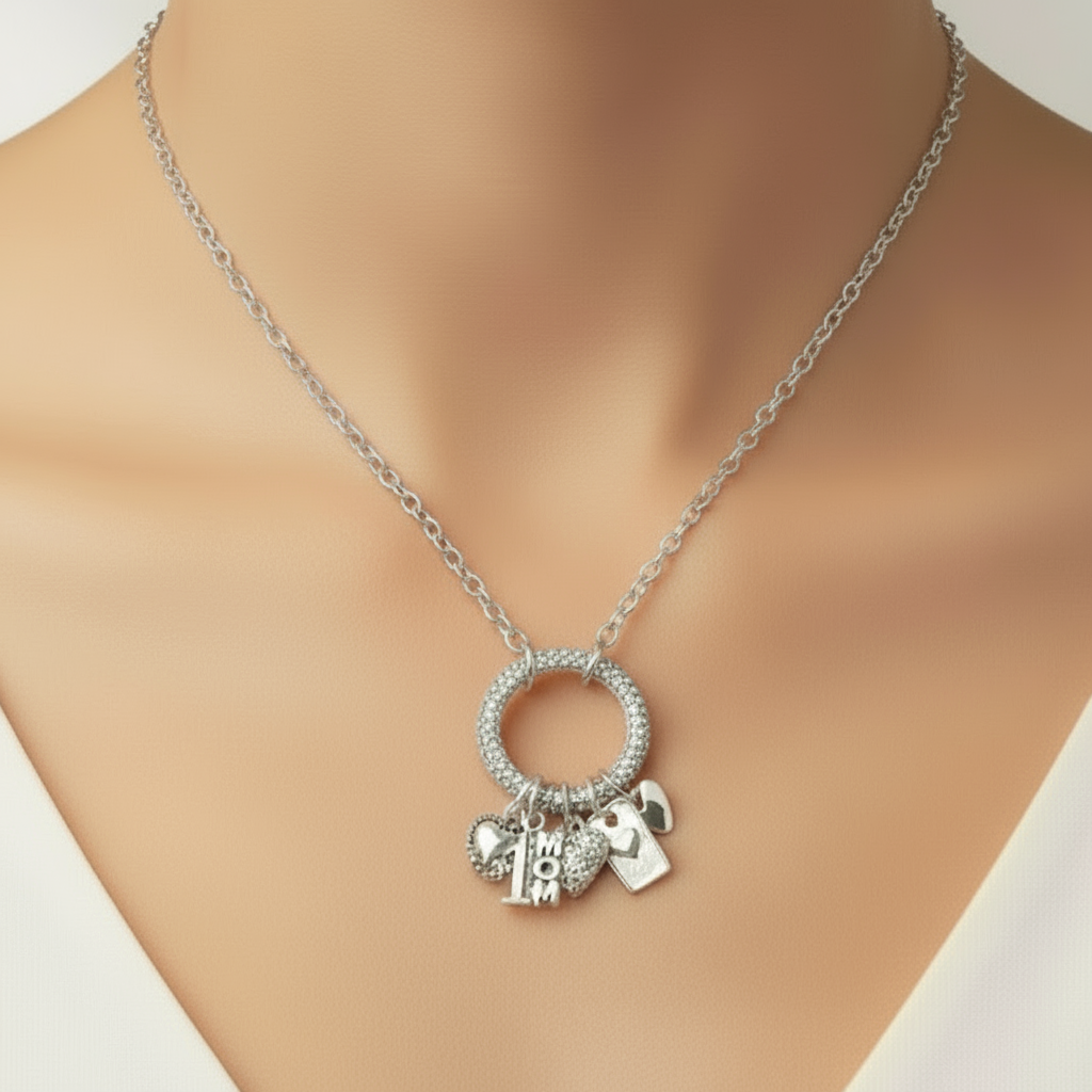 #1 Mom Silver CZ Snap Ring Necklace, .925 Sterling Silver - 20 inch