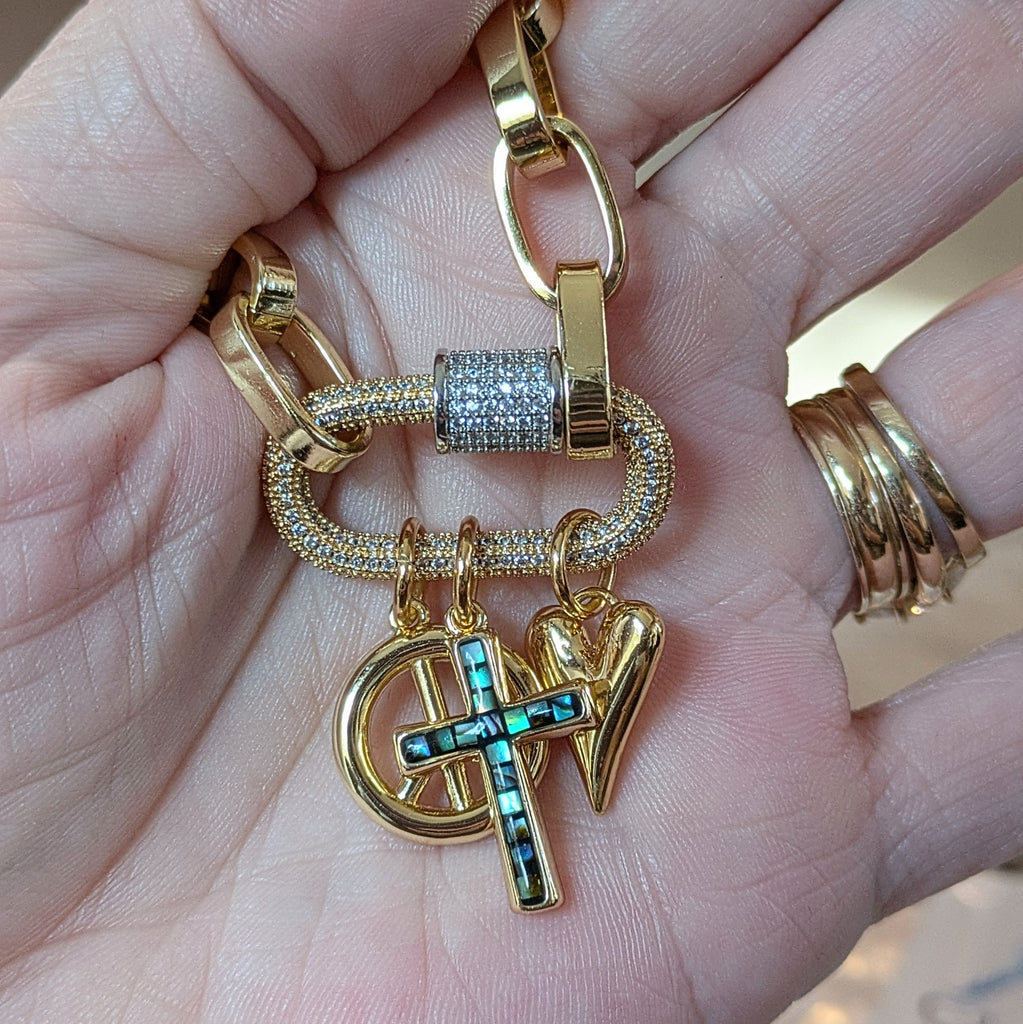 Peace & Love Carabiner Necklace, Gold - 20 inch