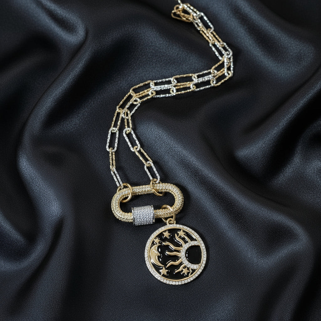 Black Enamel Celestial Pendant Carabiner Necklace, Gold/Silver - 20 inch