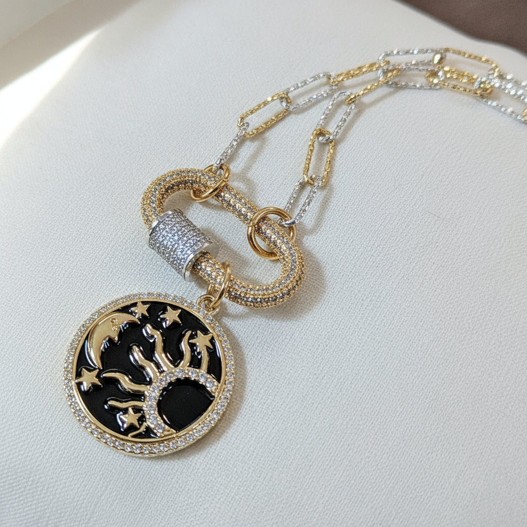 Black Enamel Celestial Pendant Carabiner Necklace, Gold/Silver - 20 inch