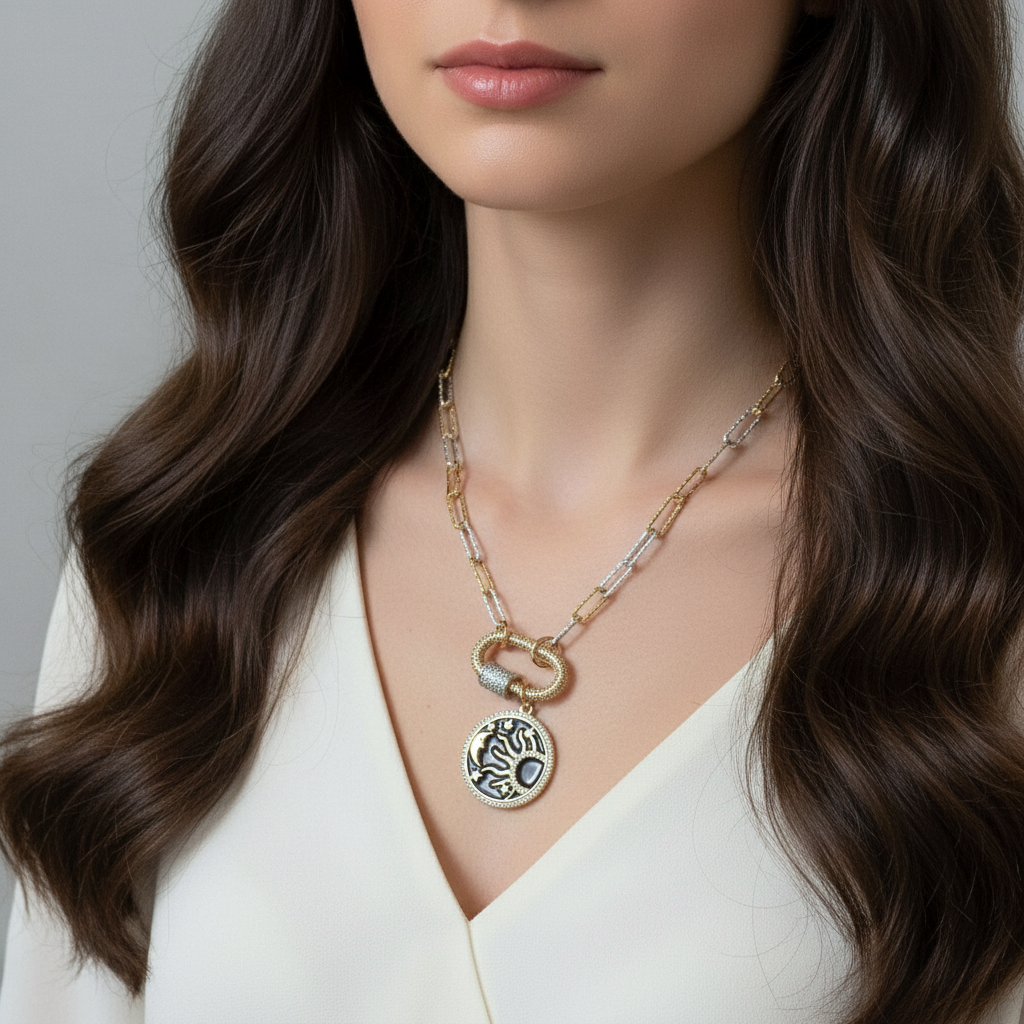 Black Enamel Celestial Pendant Carabiner Necklace, Gold/Silver - 20 inch